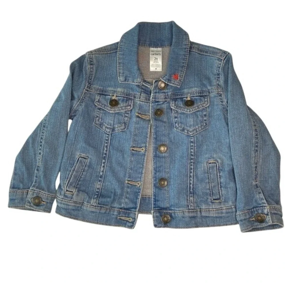 Carters Toddler Girls Blue Denim Jacket Red Heart Detail Size 2T Medium Wash‎